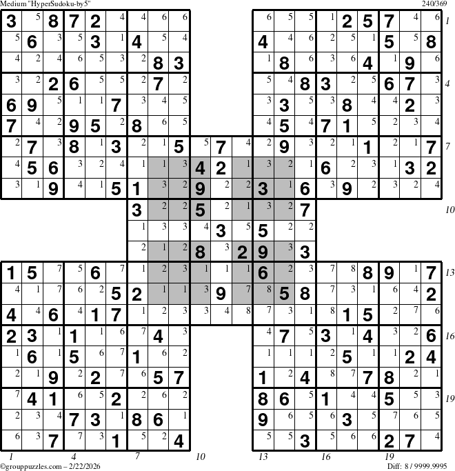 The grouppuzzles.com Medium HyperSudoku-by5 puzzle for Sunday February 22, 2026 with all 8 steps marked