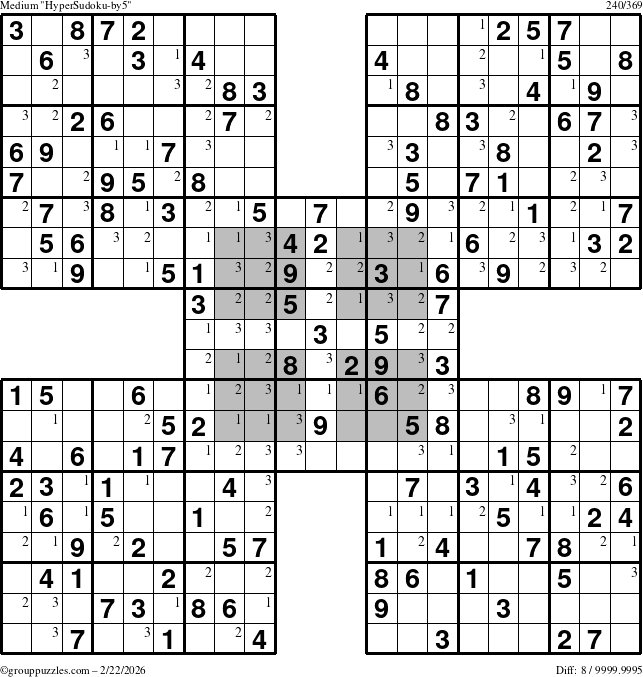 The grouppuzzles.com Medium HyperSudoku-by5 puzzle for Sunday February 22, 2026 with the first 3 steps marked