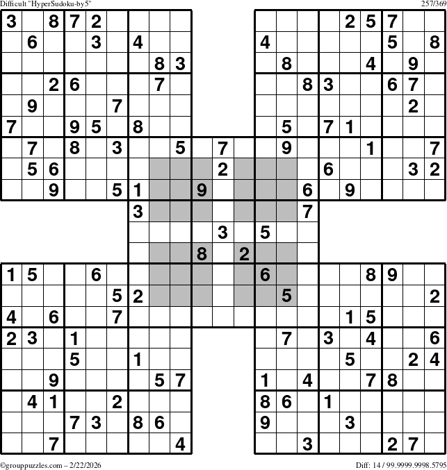 The grouppuzzles.com Difficult HyperSudoku-by5 puzzle for Sunday February 22, 2026