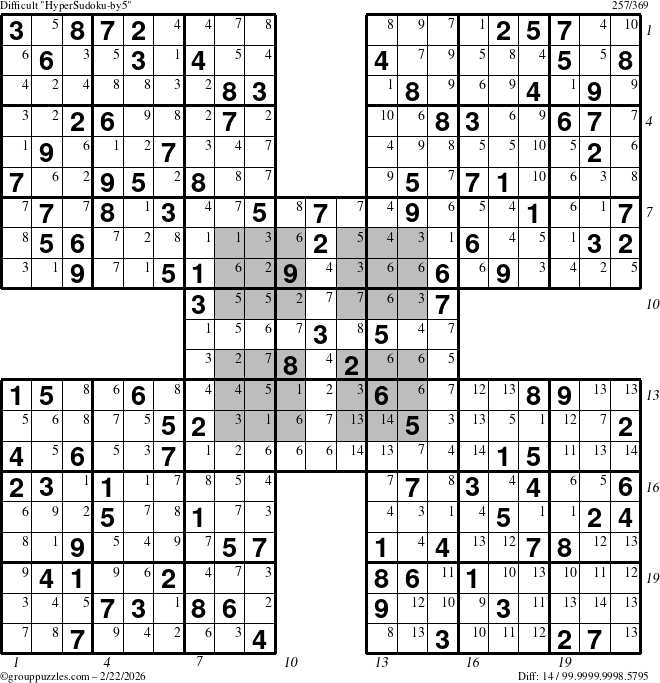 The grouppuzzles.com Difficult HyperSudoku-by5 puzzle for Sunday February 22, 2026 with all 14 steps marked