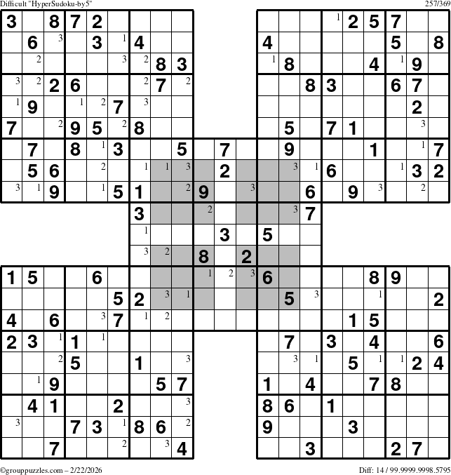 The grouppuzzles.com Difficult HyperSudoku-by5 puzzle for Sunday February 22, 2026 with the first 3 steps marked