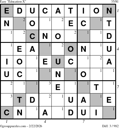 The grouppuzzles.com Easy Education-X puzzle for Sunday February 22, 2026 with all 3 steps marked