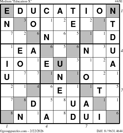 The grouppuzzles.com Medium Education-X puzzle for Sunday February 22, 2026 with all 8 steps marked