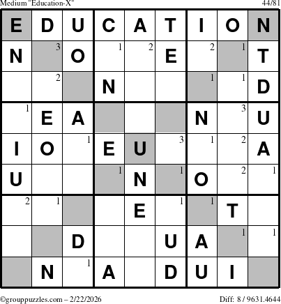 The grouppuzzles.com Medium Education-X puzzle for Sunday February 22, 2026 with the first 3 steps marked