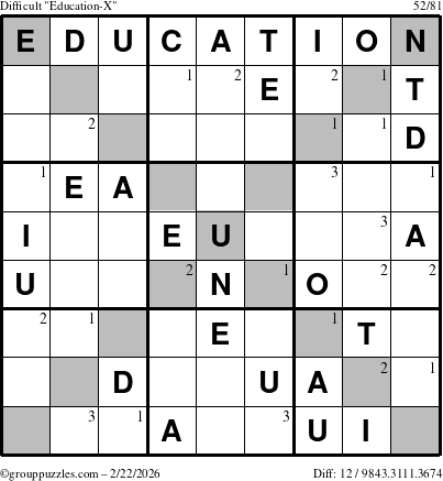 The grouppuzzles.com Difficult Education-X puzzle for Sunday February 22, 2026 with the first 3 steps marked
