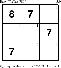 The grouppuzzles.com Easy TicTac-789 puzzle for Sunday February 22, 2026 with the first 2 steps marked