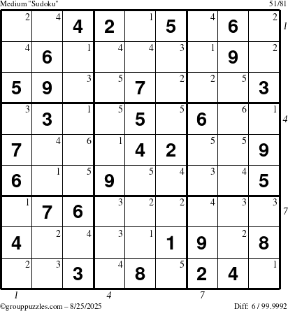 The grouppuzzles.com Medium Sudoku puzzle for Monday August 25, 2025, suitable for printing, with all 6 steps marked