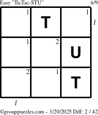 The grouppuzzles.com Easy TicTac-STU puzzle for Thursday March 20, 2025, suitable for printing, with all 2 steps marked