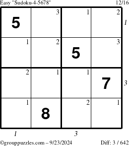 The grouppuzzles.com Easy Sudoku-4-5678 puzzle for Monday September 23, 2024, suitable for printing, with all 3 steps marked