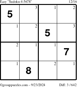 The grouppuzzles.com Easy Sudoku-4-5678 puzzle for Monday September 23, 2024 with the first 3 steps marked