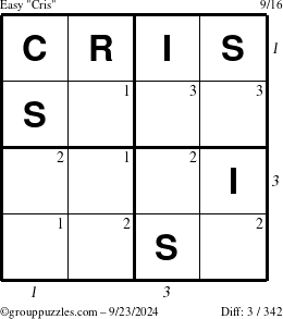 The grouppuzzles.com Easy Cris puzzle for Monday September 23, 2024 with all 3 steps marked