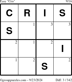 The grouppuzzles.com Easy Cris puzzle for Monday September 23, 2024 with the first 3 steps marked