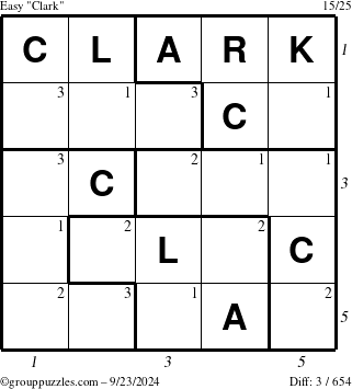 The grouppuzzles.com Easy Clark puzzle for Monday September 23, 2024 with all 3 steps marked