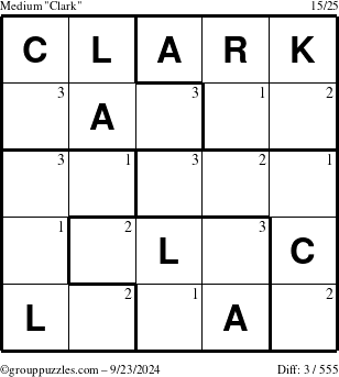 The grouppuzzles.com Medium Clark puzzle for Monday September 23, 2024 with the first 3 steps marked