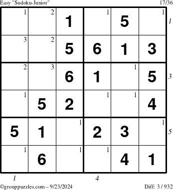 The grouppuzzles.com Easy Sudoku-Junior puzzle for Monday September 23, 2024 with all 3 steps marked