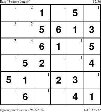 The grouppuzzles.com Easy Sudoku-Junior puzzle for Monday September 23, 2024 with the first 3 steps marked