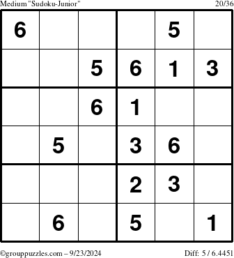 The grouppuzzles.com Medium Sudoku-Junior puzzle for Monday September 23, 2024