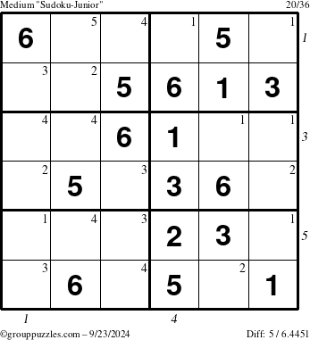 The grouppuzzles.com Medium Sudoku-Junior puzzle for Monday September 23, 2024 with all 5 steps marked