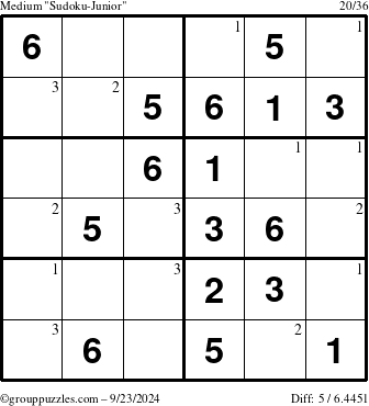 The grouppuzzles.com Medium Sudoku-Junior puzzle for Monday September 23, 2024 with the first 3 steps marked