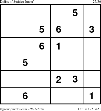 The grouppuzzles.com Difficult Sudoku-Junior puzzle for Monday September 23, 2024