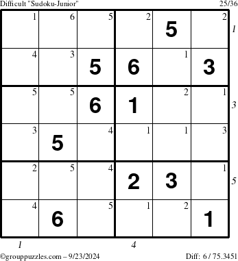 The grouppuzzles.com Difficult Sudoku-Junior puzzle for Monday September 23, 2024 with all 6 steps marked