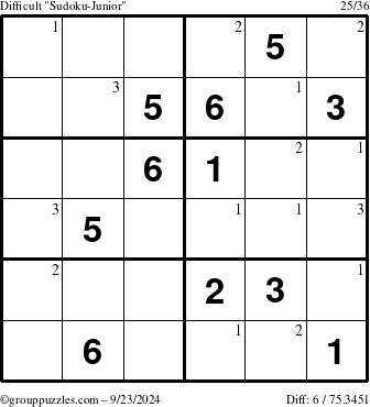 The grouppuzzles.com Difficult Sudoku-Junior puzzle for Monday September 23, 2024 with the first 3 steps marked