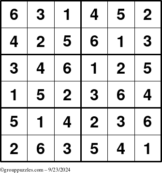 The grouppuzzles.com Answer grid for the Sudoku-Junior puzzle for Monday September 23, 2024