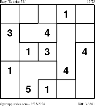 The grouppuzzles.com Easy Sudoku-5B puzzle for Monday September 23, 2024