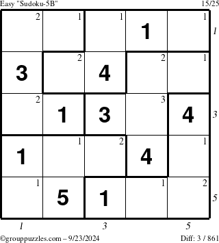 The grouppuzzles.com Easy Sudoku-5B puzzle for Monday September 23, 2024 with all 3 steps marked