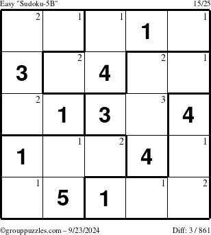 The grouppuzzles.com Easy Sudoku-5B puzzle for Monday September 23, 2024 with the first 3 steps marked