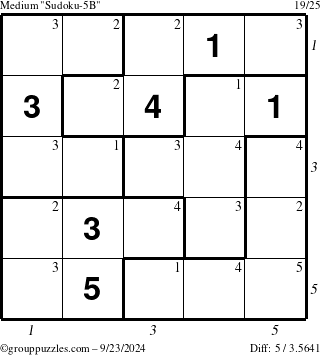 The grouppuzzles.com Medium Sudoku-5B puzzle for Monday September 23, 2024 with all 5 steps marked