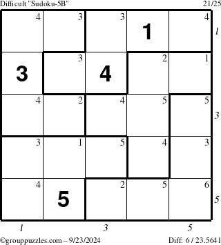 The grouppuzzles.com Difficult Sudoku-5B puzzle for Monday September 23, 2024 with all 6 steps marked