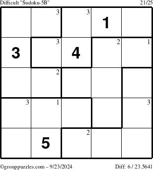 The grouppuzzles.com Difficult Sudoku-5B puzzle for Monday September 23, 2024 with the first 3 steps marked