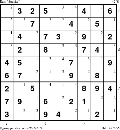 The grouppuzzles.com Easy Sudoku puzzle for Monday September 23, 2024 with all 4 steps marked