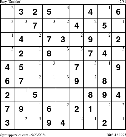 The grouppuzzles.com Easy Sudoku puzzle for Monday September 23, 2024 with the first 3 steps marked