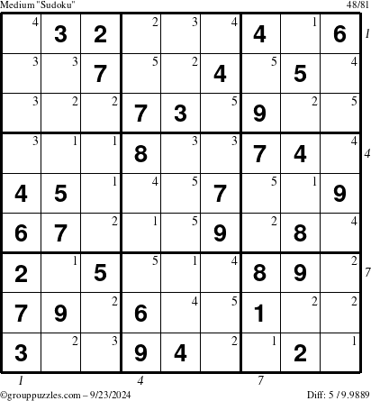 The grouppuzzles.com Medium Sudoku puzzle for Monday September 23, 2024, suitable for printing, with all 5 steps marked