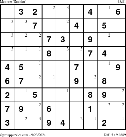 The grouppuzzles.com Medium Sudoku puzzle for Monday September 23, 2024 with the first 3 steps marked