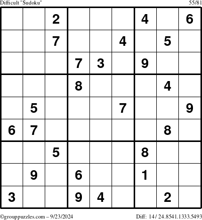 The grouppuzzles.com Difficult Sudoku puzzle for Monday September 23, 2024