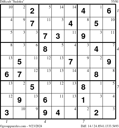 The grouppuzzles.com Difficult Sudoku puzzle for Monday September 23, 2024 with all 14 steps marked