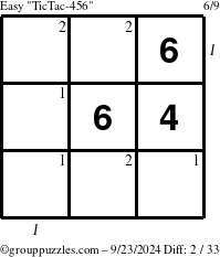 The grouppuzzles.com Easy TicTac-456 puzzle for Monday September 23, 2024 with all 2 steps marked