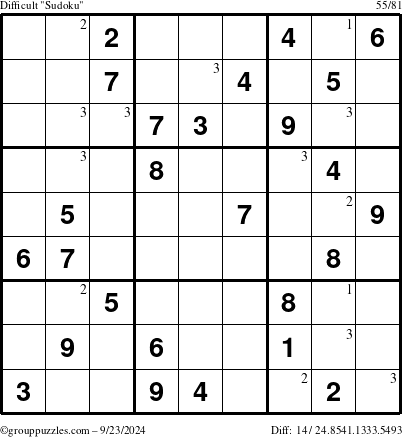 The grouppuzzles.com Difficult Sudoku puzzle for Monday September 23, 2024 with the first 3 steps marked