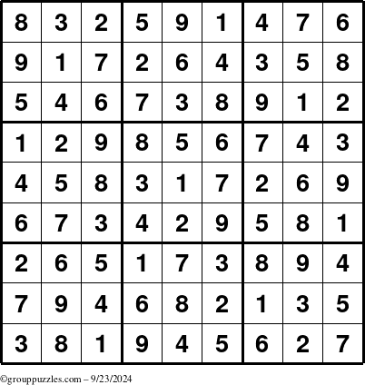 The grouppuzzles.com Answer grid for the Sudoku puzzle for Monday September 23, 2024