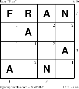 The grouppuzzles.com Easy Fran puzzle for Thursday July 30, 2026 with all 2 steps marked