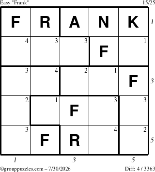The grouppuzzles.com Easy Frank puzzle for Thursday July 30, 2026, suitable for printing, with all 4 steps marked