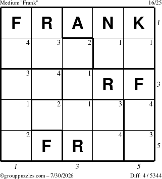The grouppuzzles.com Medium Frank puzzle for Thursday July 30, 2026, suitable for printing, with all 4 steps marked