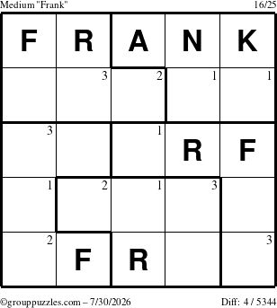 The grouppuzzles.com Medium Frank puzzle for Thursday July 30, 2026 with the first 3 steps marked