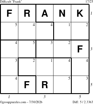 The grouppuzzles.com Difficult Frank puzzle for Thursday July 30, 2026, suitable for printing, with all 5 steps marked