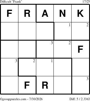 The grouppuzzles.com Difficult Frank puzzle for Thursday July 30, 2026 with the first 3 steps marked