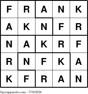 The grouppuzzles.com Answer grid for the Frank puzzle for Thursday July 30, 2026