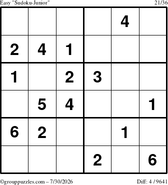 The grouppuzzles.com Easy Sudoku-Junior puzzle for Thursday July 30, 2026